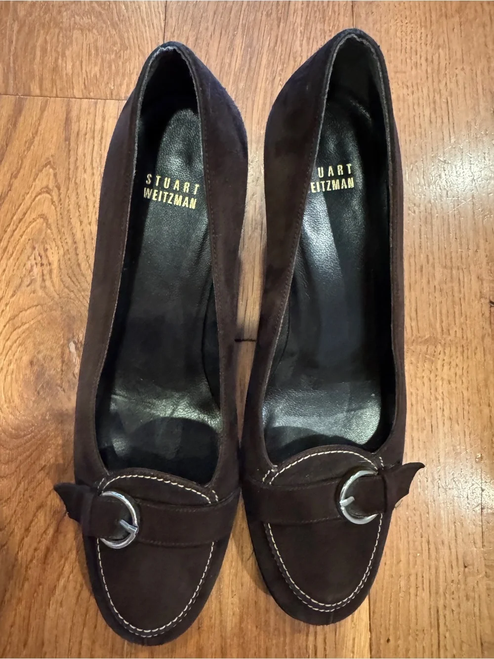 Stuart Weitzman Dark Brown Suede Low Heel Pumps with Buckle